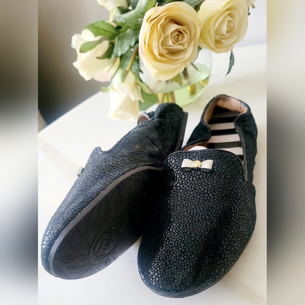 Henri Bendel Sole Ambition Buttery Soft Leather Black Flat Loafers Bow Logo US 7